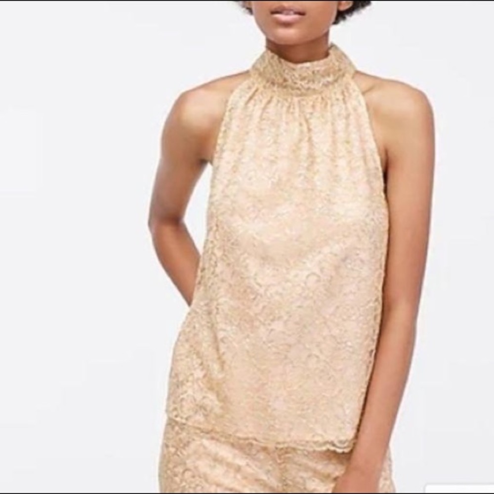 J. Crew Tie Neck Top in Metallic Lace | M | Nude